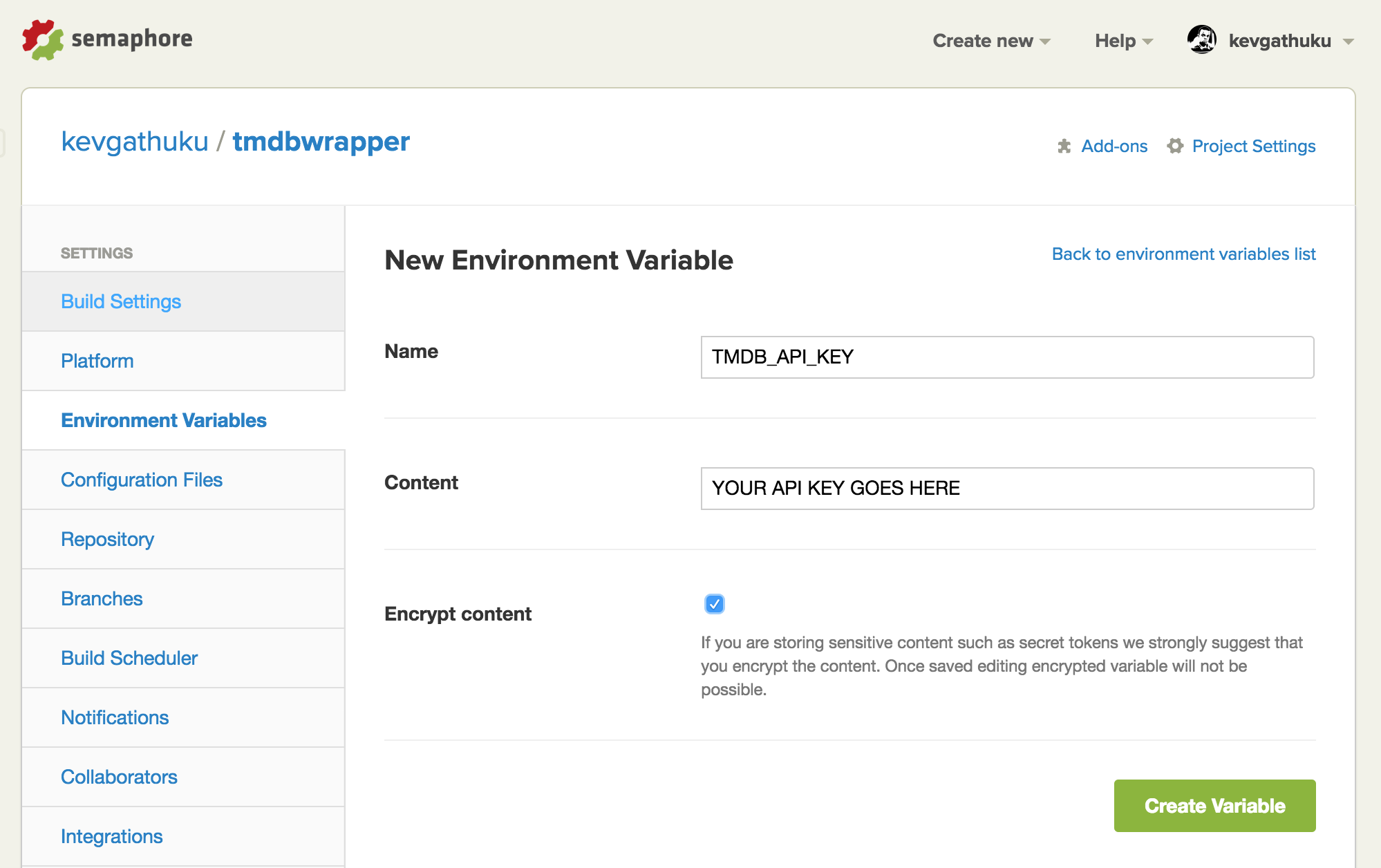 Add environment variable screen